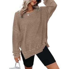 Dokotoo Womens Oversized Waffle Knit Crewneck Sweatshirts Long Sleeve Side Slits Casual Pullover Sweatshirt Tops