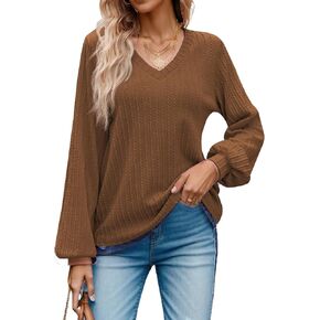 HOTOUCH Women's Long Sleeve Tops V Neck Lantern Sleeve Blouse Dressy Casual Ribbed Knit Tunics Loose Fit Fall Shirts 2023