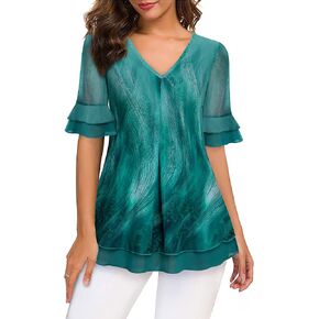VALOLIA Women's Short Sleeve Tunic Tops Casual Loose Fit Floral Blouses Mesh Pleated Layered Shirt