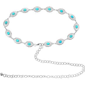 cobee Concho Chain Waist Belts for Women, Turquoise Western Metal Belt Adjustable Cowgirl Belt with Buckle for Jeans Dresses