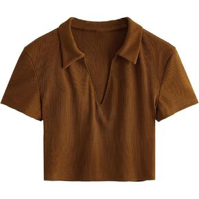 SweatyRocks Women's Collar Ribbed Knit Tee Short Sleeve Crop Top T-Shirts