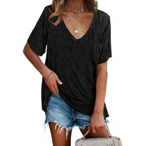 imesrun Womens V Neck Tshirts Short Sleeve Loose Casual Summer Tops with Pocket