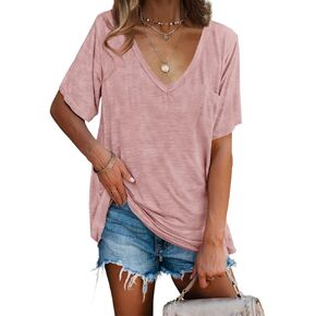 imesrun Womens V Neck Tshirts Short Sleeve Loose Casual Summer Tops with Pocket