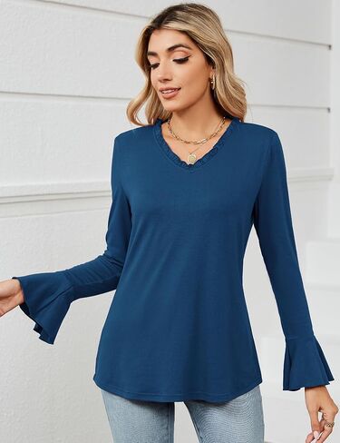 قمصان TFSDOD النسائية ذات الأكمام الجرس ورقبة على شكل V وأكمام طويلة مكشكشة ورقبة واسعة وأكمام واسعة وبلوزات أنيقة in Kuwait