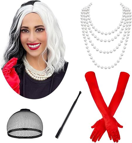 أزياء NICAT Cruella Deville للنساء مع قلادة وقفازات Cruella Deville ملحقات شعر مستعار للحفلات أزياء NT037BW أبيض وأسود in Saudi Arabia