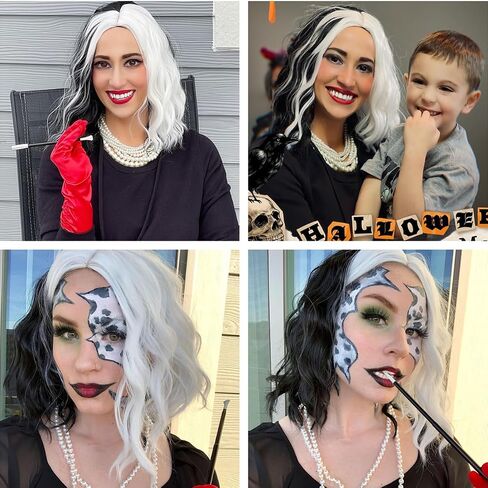 أزياء NICAT Cruella Deville للنساء مع قلادة وقفازات Cruella Deville ملحقات شعر مستعار للحفلات أزياء NT037BW أبيض وأسود in Saudi Arabia