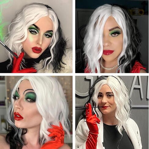 أزياء NICAT Cruella Deville للنساء مع قلادة وقفازات Cruella Deville ملحقات شعر مستعار للحفلات أزياء NT037BW أبيض وأسود in Saudi Arabia