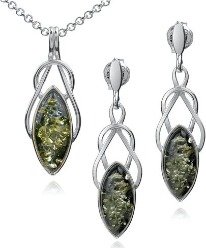 Ian and Valeri Co. Black Green Amber Sterling Silver Celtic Set Earrings Necklace 18 Inches in Saudi Arabia