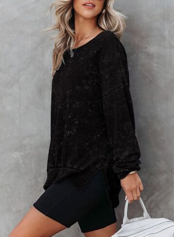 Dokotoo Womens Oversized Waffle Knit Crewneck Sweatshirts Long Sleeve Side Slits Casual Pullover Sweatshirt Tops in Kuwait