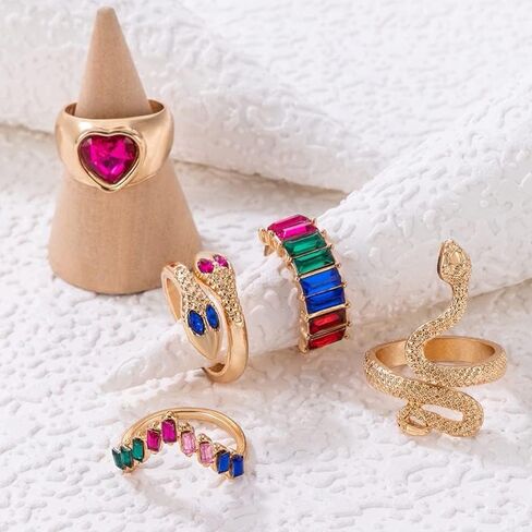 Pingyongchang Snake Rings for Women Girls Gold Snake Knuckle Adjustable Rings Boho Crystal Heart Stacking Finger Rings Set Vintage Goth Serpentine Heart Ring Jewelr in Kuwait