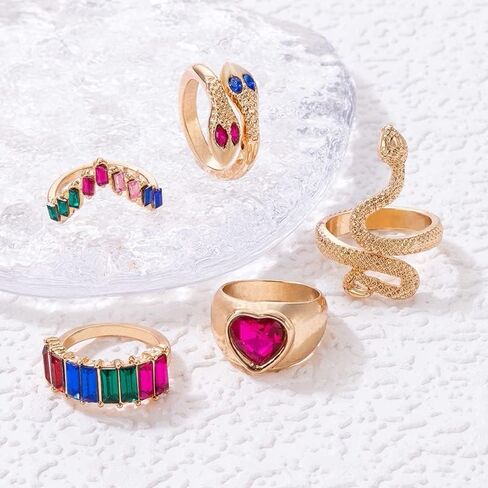 Pingyongchang Snake Rings for Women Girls Gold Snake Knuckle Adjustable Rings Boho Crystal Heart Stacking Finger Rings Set Vintage Goth Serpentine Heart Ring Jewelr in Kuwait