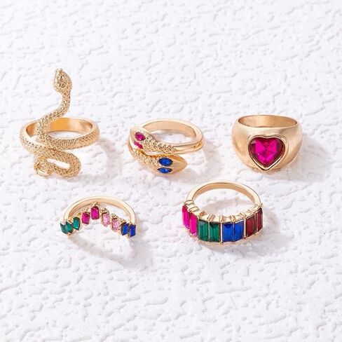 Pingyongchang Snake Rings for Women Girls Gold Snake Knuckle Adjustable Rings Boho Crystal Heart Stacking Finger Rings Set Vintage Goth Serpentine Heart Ring Jewelr in Kuwait