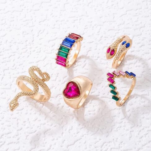Pingyongchang Snake Rings for Women Girls Gold Snake Knuckle Adjustable Rings Boho Crystal Heart Stacking Finger Rings Set Vintage Goth Serpentine Heart Ring Jewelr in Kuwait