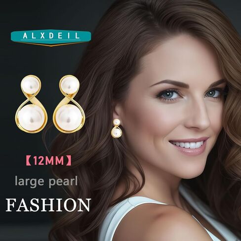 أقراط متدلية من اللؤلؤ مجوهرات للنساء والفتيات مطلية بالذهب وقلادة من الزركون بقطر 12 ملم... in Kuwait