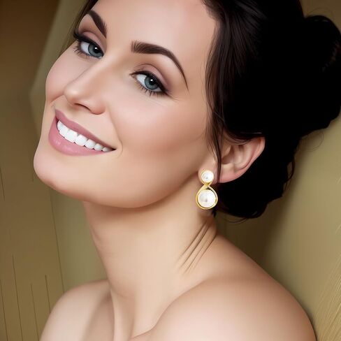 أقراط متدلية من اللؤلؤ مجوهرات للنساء والفتيات مطلية بالذهب وقلادة من الزركون بقطر 12 ملم... in Kuwait