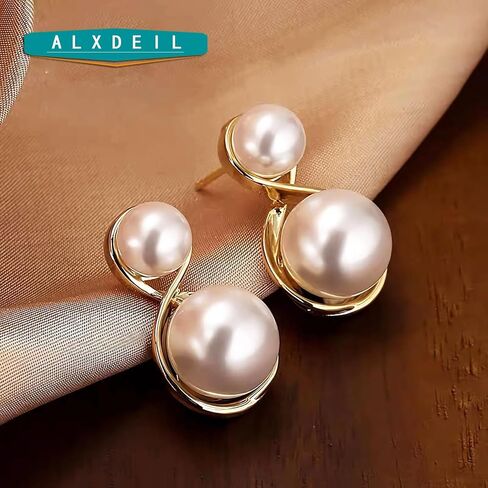 أقراط متدلية من اللؤلؤ مجوهرات للنساء والفتيات مطلية بالذهب وقلادة من الزركون بقطر 12 ملم... in Kuwait