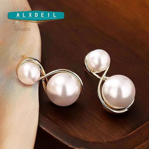 أقراط متدلية من اللؤلؤ مجوهرات للنساء والفتيات مطلية بالذهب وقلادة من الزركون بقطر 12 ملم... in Kuwait