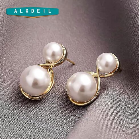 أقراط متدلية من اللؤلؤ مجوهرات للنساء والفتيات مطلية بالذهب وقلادة من الزركون بقطر 12 ملم... in Kuwait