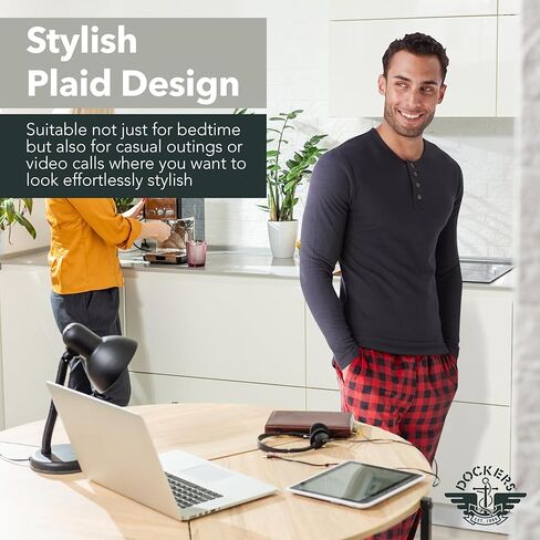 Dockers Men's Pajama Sets, Plaid PJ Pants for Men and Waffle Henley Long Sleeve Shirt in Saudi Arabia