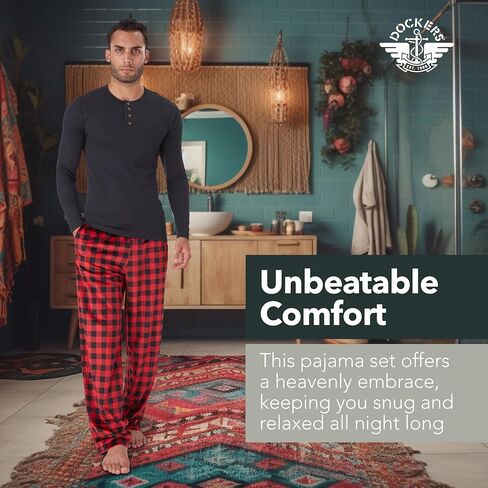 Dockers Men's Pajama Sets, Plaid PJ Pants for Men and Waffle Henley Long Sleeve Shirt in Saudi Arabia