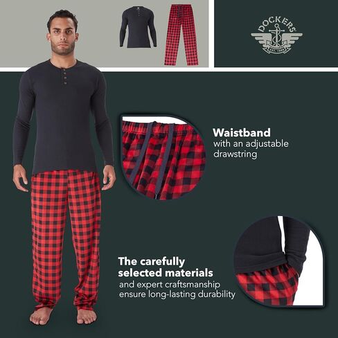 Dockers Men's Pajama Sets, Plaid PJ Pants for Men and Waffle Henley Long Sleeve Shirt in Saudi Arabia