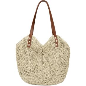 حقيبة نسائية كبيرة من القش حقيبة كتف منسوجة يدويًا للشاطئ بمقبض علوي ومحفظة للصيف in Kuwait