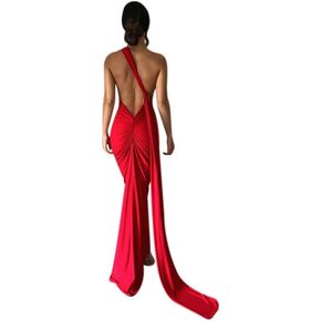 Suillty Women's Sexy Oblique Shoulder Backless Maxi Dress Ruched Back Strap Sleeveless Party Club Long Dresses Bodycon