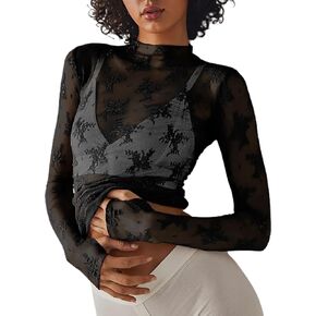 ccuiwe Women's Floral Lace Sheer Mesh Tops Long Sleeve See Through Crop Top Sexy Going Out Clubwear in Kuwait