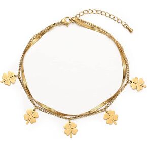 Emibele Clover Ankle Bracelets for Women, Classic Four Leaf Gold Anklet Bracelets, 18K Gold Plated Stainless Steel 2-Layer Adjustable Boho Summer Beach Foot Chain Jewelry Teen Girls, Gold, Metal, no in Kuwait