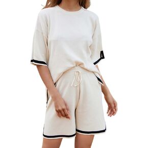 Athlisan Womens Sweater Sets Two Piece Outfits Knitted Tops Elastic Waist Shorts Lounge Sets in Kuwait