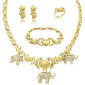 XOXO Women Jewelry Necklace Set 18K Gold Plated Bride Bridesmaid Fashion Rhinestone Wedding Jewelry Necklace Earrings Bracelet Ring 4 Pieces Set