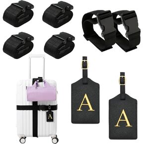 مجموعة من 8 قطع من بطاقات الأمتعة وأشرطة الأمتعة، وبطاقات الأمتعة الأولية، وبطاقات الأمتعة المطرزة، وحزام حزام حقيبة الحقيبة، وحزام حقيبة قابل للتعديل، وإكسسوارات السفر (T، أسود/ذهبي) in Kuwait