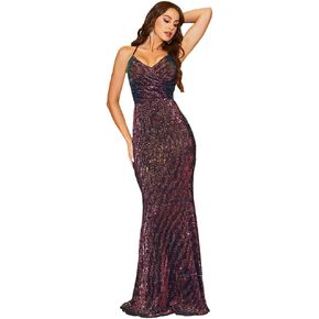 فستان Lin Lin Q نسائي رسمي طويل برقبة على شكل حرف V وحزام من الترتر، فستان حورية البحر بدون ظهر برباط in Kuwait