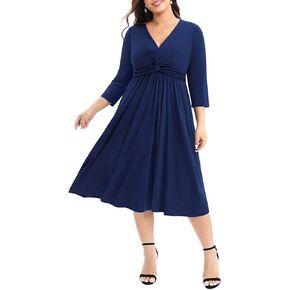 Pinup Fashion Women's Plus Size Twist Knot Front V Neck 3/4 Sleeve A-line Wedding Guest Midi Dress