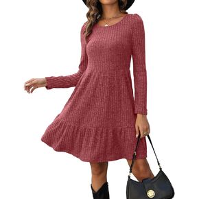 AGSEEM Womens Winter Crewneck Long Sleeve Dresses Knee Length Knit Sweater Dress