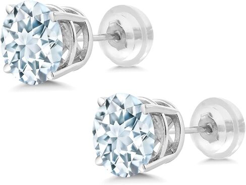 Gem Stone King 14K White Gold Sky Blue Aquamarine Stud Earrings with Comfort Back For Women (0.80 Cttw, Gemstone Birthstone, Round 5MM) in Saudi Arabia