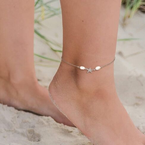 DENGGUANG Ankle Bracelets for Women, Freshwater White Pearl 925 Sterling Silver Anklets Gifts for Wife Girlfriend Hypoallergenic in Kuwait