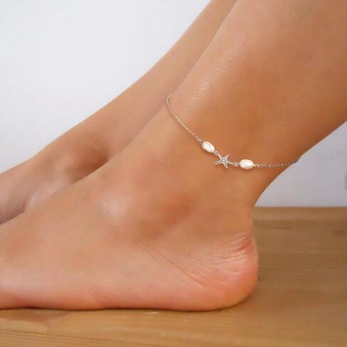 DENGGUANG Ankle Bracelets for Women, Freshwater White Pearl 925 Sterling Silver Anklets Gifts for Wife Girlfriend Hypoallergenic in Kuwait