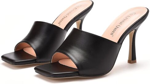 Crystal Queen Women's Square Open Toe Heeled Sandals Slippers White Stiletto Heels Sandals Fashion Casual Peep Toe Slippers Slip On Mule Slide Sandal in Saudi Arabia