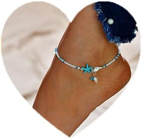 Luxcastle Boho Starfish Anklet Pearl Conch Pendant Ankle Foot Chain Summer Beach Anklets Foot Jewelry for Women and Girls in Kuwait