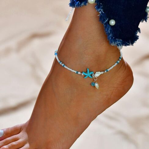 Luxcastle Boho Starfish Anklet Pearl Conch Pendant Ankle Foot Chain Summer Beach Anklets Foot Jewelry for Women and Girls in Kuwait