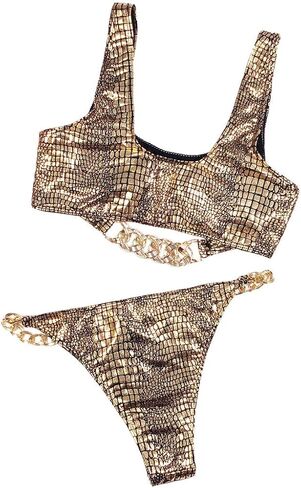Women's Rave Sparkle Mentalic Snakeskin Print Bikini Set Chain Bathing Suit Swimsuits Festivals in Saudi Arabia