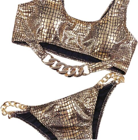 Women's Rave Sparkle Mentalic Snakeskin Print Bikini Set Chain Bathing Suit Swimsuits Festivals in Saudi Arabia