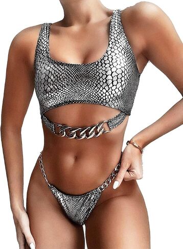 Women's Rave Sparkle Mentalic Snakeskin Print Bikini Set Chain Bathing Suit Swimsuits Festivals in Saudi Arabia