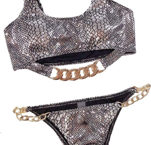 Women's Rave Sparkle Mentalic Snakeskin Print Bikini Set Chain Bathing Suit Swimsuits Festivals in Saudi Arabia
