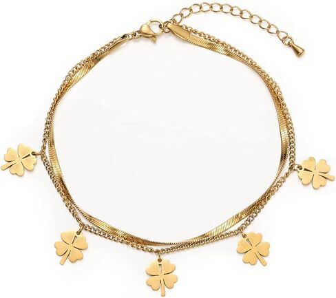Emibele Clover Ankle Bracelets for Women, Classic Four Leaf Gold Anklet Bracelets, 18K Gold Plated Stainless Steel 2-Layer Adjustable Boho Summer Beach Foot Chain Jewelry Teen Girls, Gold, Metal, no in Kuwait