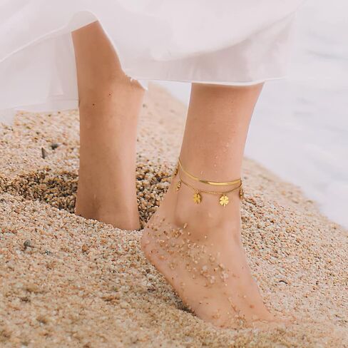 Emibele Clover Ankle Bracelets for Women, Classic Four Leaf Gold Anklet Bracelets, 18K Gold Plated Stainless Steel 2-Layer Adjustable Boho Summer Beach Foot Chain Jewelry Teen Girls, Gold, Metal, no in Kuwait