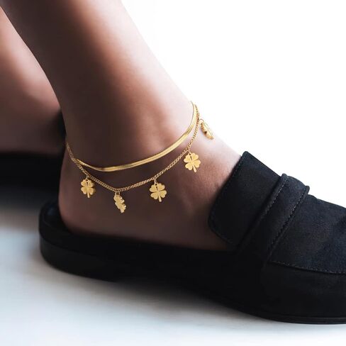 Emibele Clover Ankle Bracelets for Women, Classic Four Leaf Gold Anklet Bracelets, 18K Gold Plated Stainless Steel 2-Layer Adjustable Boho Summer Beach Foot Chain Jewelry Teen Girls, Gold, Metal, no in Kuwait