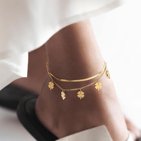 Emibele Clover Ankle Bracelets for Women, Classic Four Leaf Gold Anklet Bracelets, 18K Gold Plated Stainless Steel 2-Layer Adjustable Boho Summer Beach Foot Chain Jewelry Teen Girls, Gold, Metal, no in Kuwait