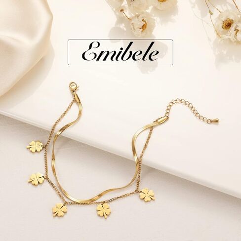 Emibele Clover Ankle Bracelets for Women, Classic Four Leaf Gold Anklet Bracelets, 18K Gold Plated Stainless Steel 2-Layer Adjustable Boho Summer Beach Foot Chain Jewelry Teen Girls, Gold, Metal, no in Kuwait